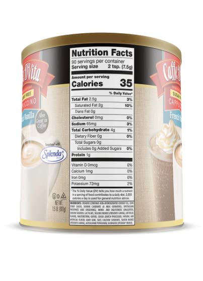 Caffe D'Vita Sugar Free French Vanilla Cappuccino - Instant Coffee Powder Mix, Gluten Free, No Cholesterol, 99% Caffeine Free, 1.5 lb Can