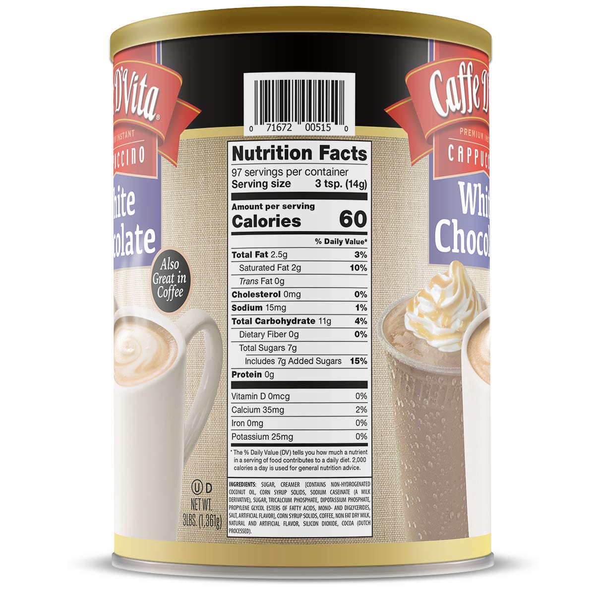 Caffe D'Vita White Chocolate Cappuccino Mix - Instant Gluten Free Cappuccino, 3 lb Can