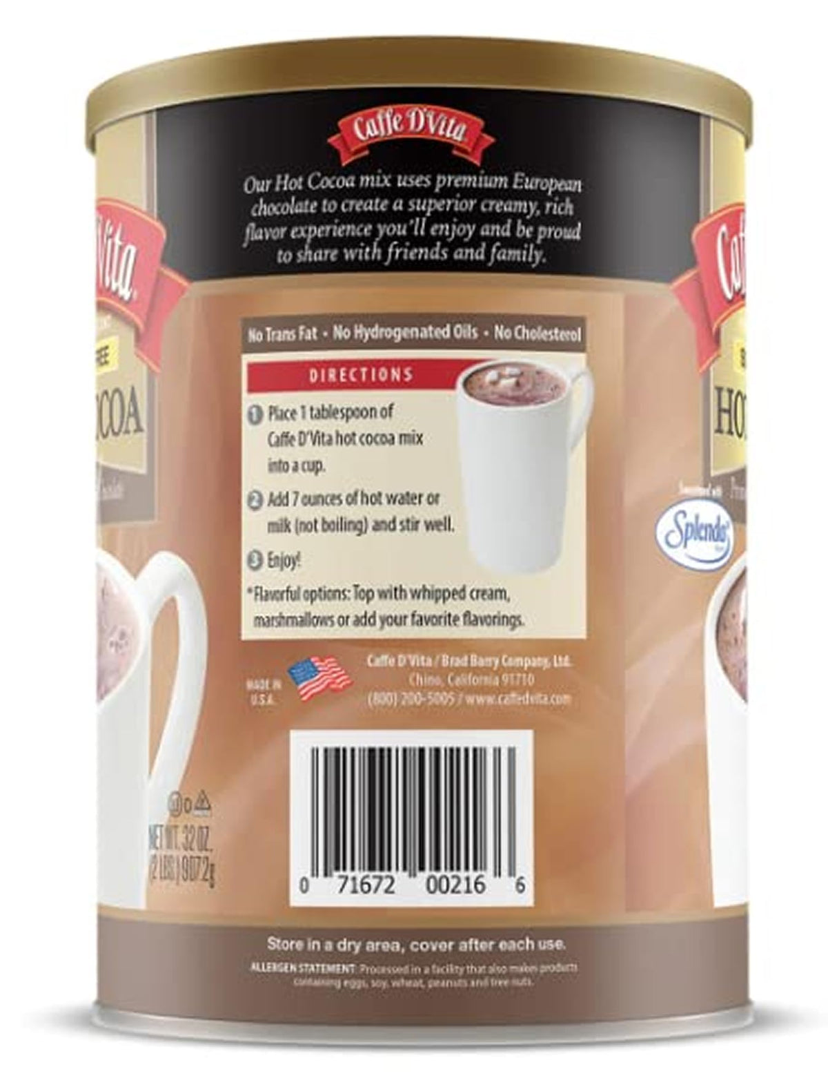 Caffe D'Vita Sugar Free Hot Cocoa Mix — Gluten Free, Kosher, Low Fat, Made in USA
