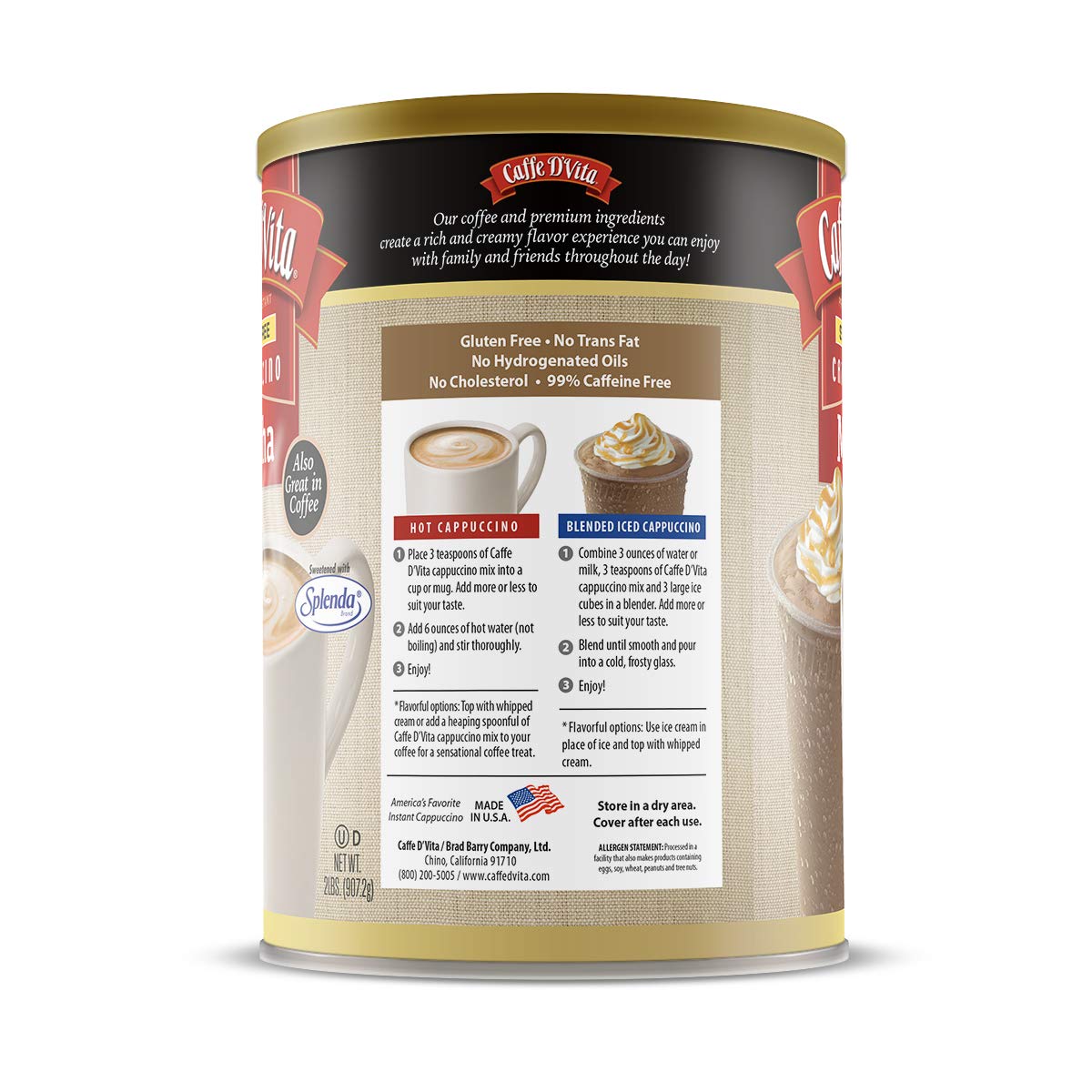 Caffe D'Vita Sugar Free Mocha Cappuccino Mix – Gluten Free, No Cholesterol, 99% Caffeine Free, 2 lb Can