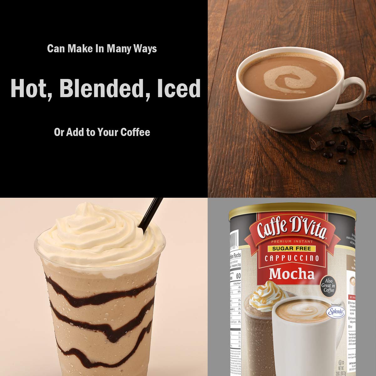 Caffe D'Vita Sugar Free Mocha Cappuccino Mix – Gluten Free, No Cholesterol, 99% Caffeine Free, 2 lb Can