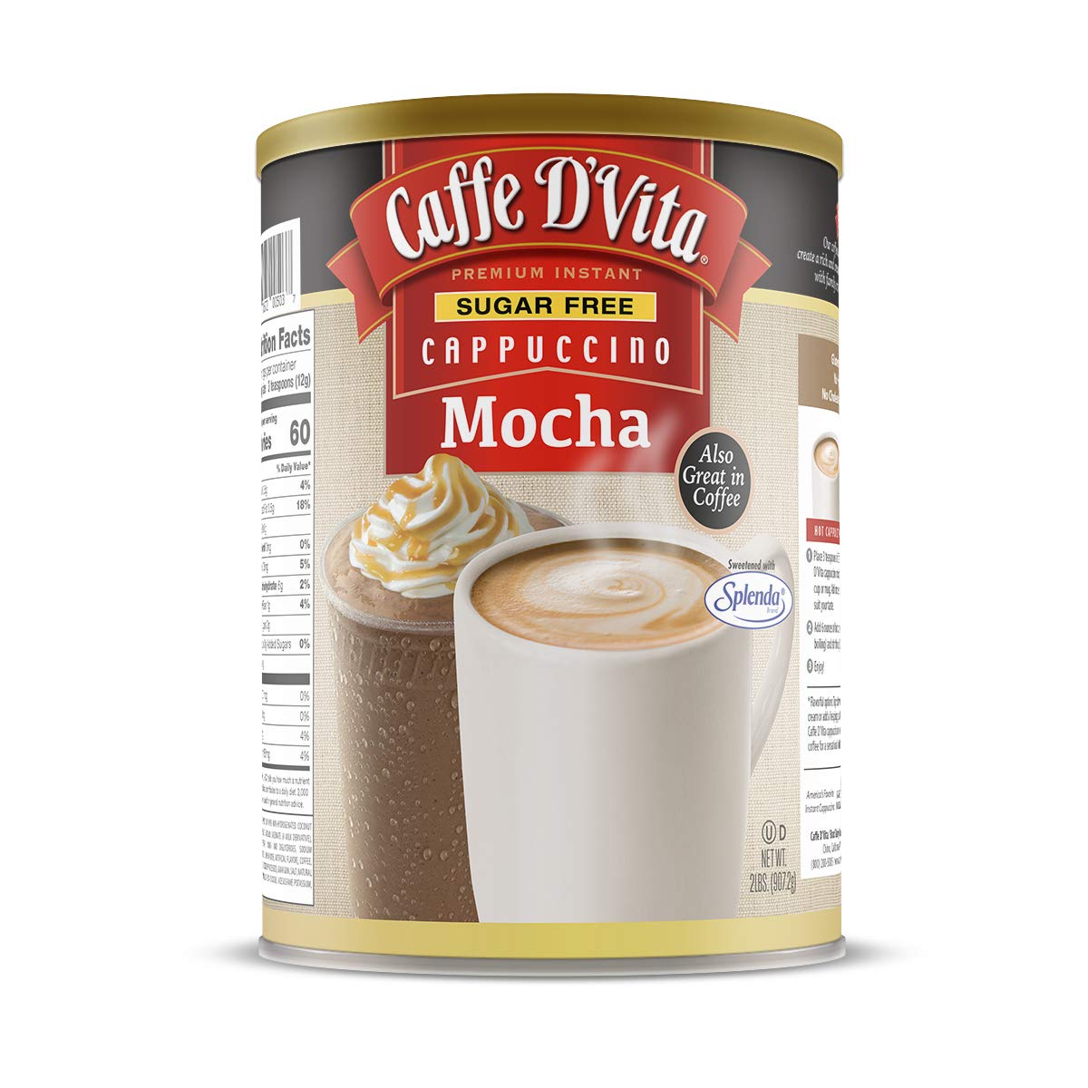 Caffe D'Vita Sugar Free Mocha Cappuccino Mix – Gluten Free, No Cholesterol, 99% Caffeine Free, 2 lb Can