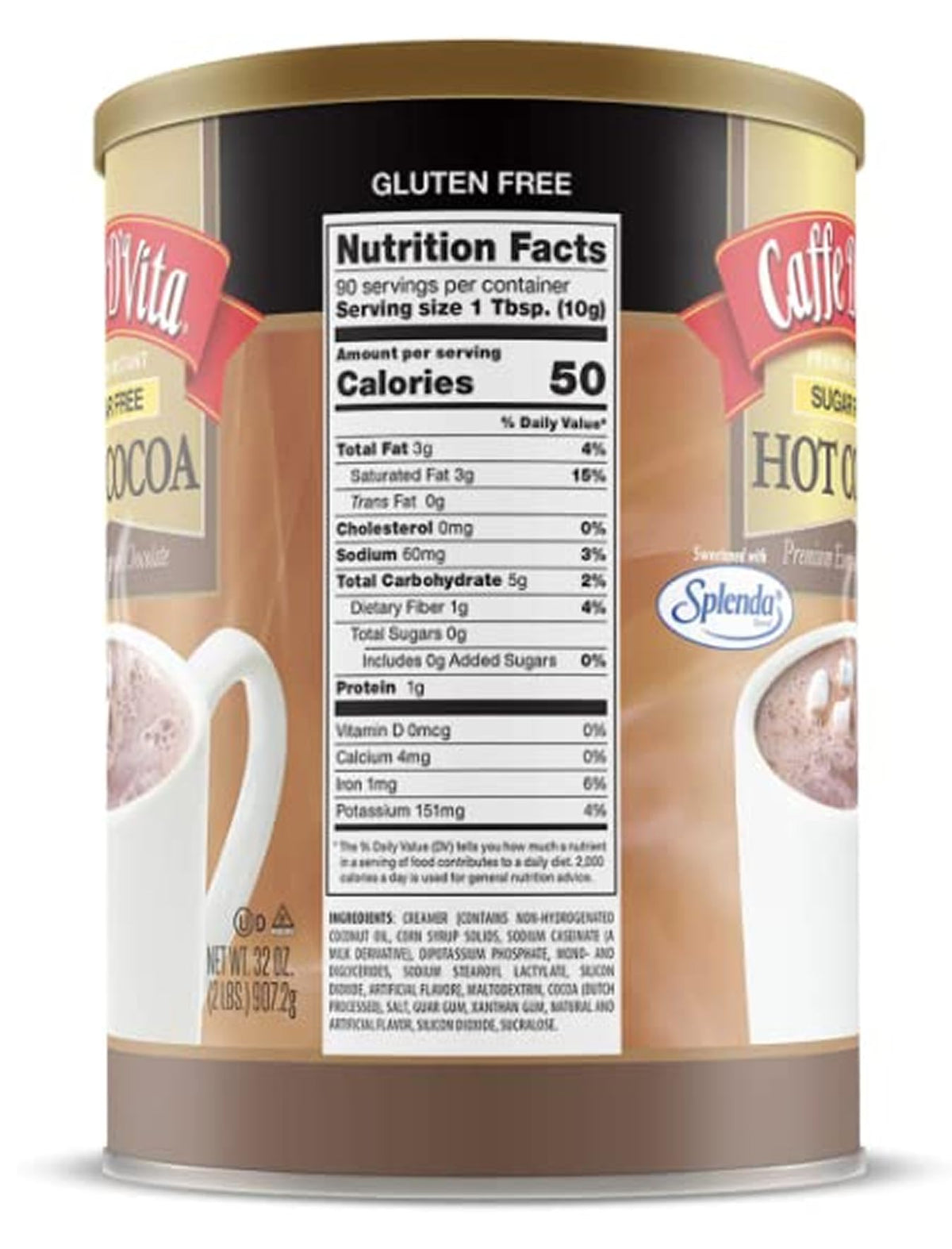 Caffe D'Vita Sugar Free Hot Cocoa Mix — Gluten Free, Kosher, Low Fat, Made in USA