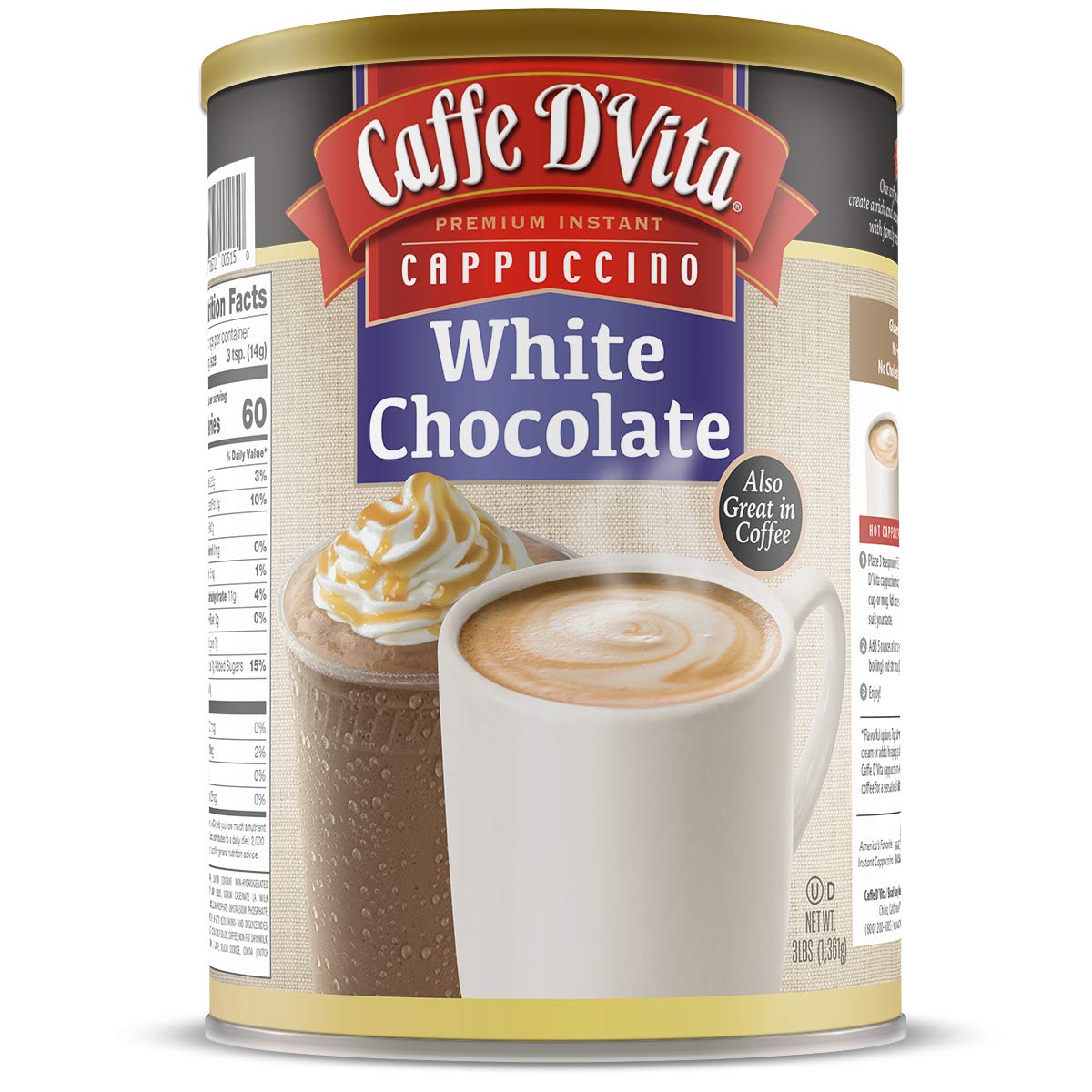 Caffe D'Vita White Chocolate Cappuccino Mix - Instant Gluten Free Cappuccino, 3 lb Can