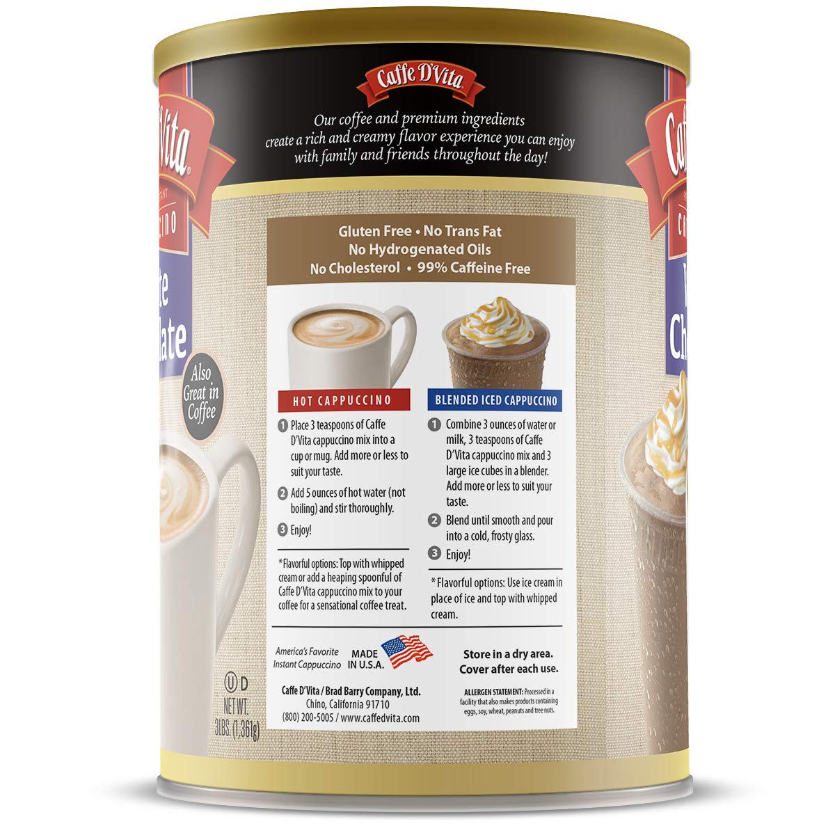 Caffe D'Vita White Chocolate Cappuccino Mix - Instant Gluten Free Cappuccino, 3 lb Can