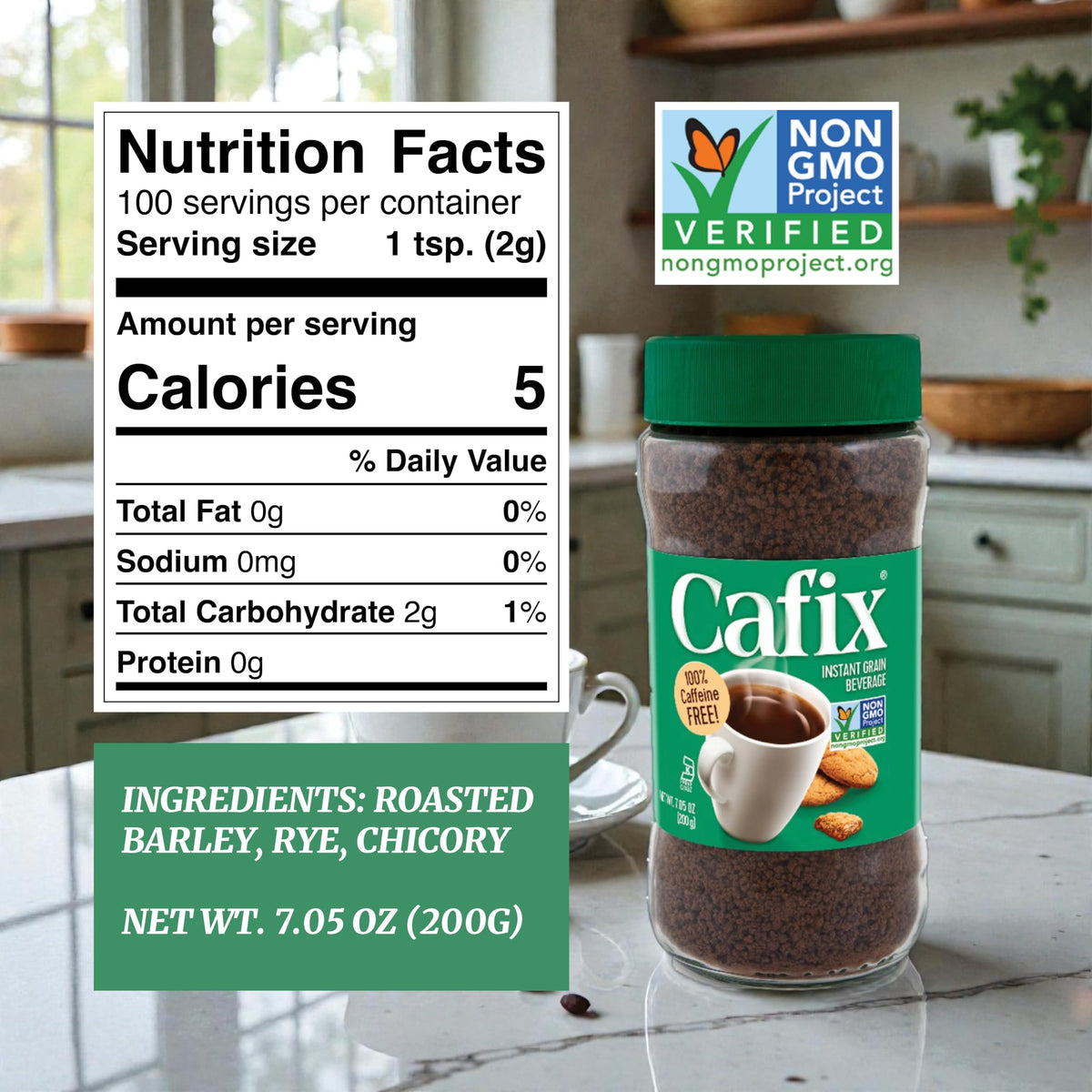 Cafix All Natural Instant Chicory Coffee Alternative – Zero Caffeine, Rich & Bold (7.05oz Jar, Pack of 2)