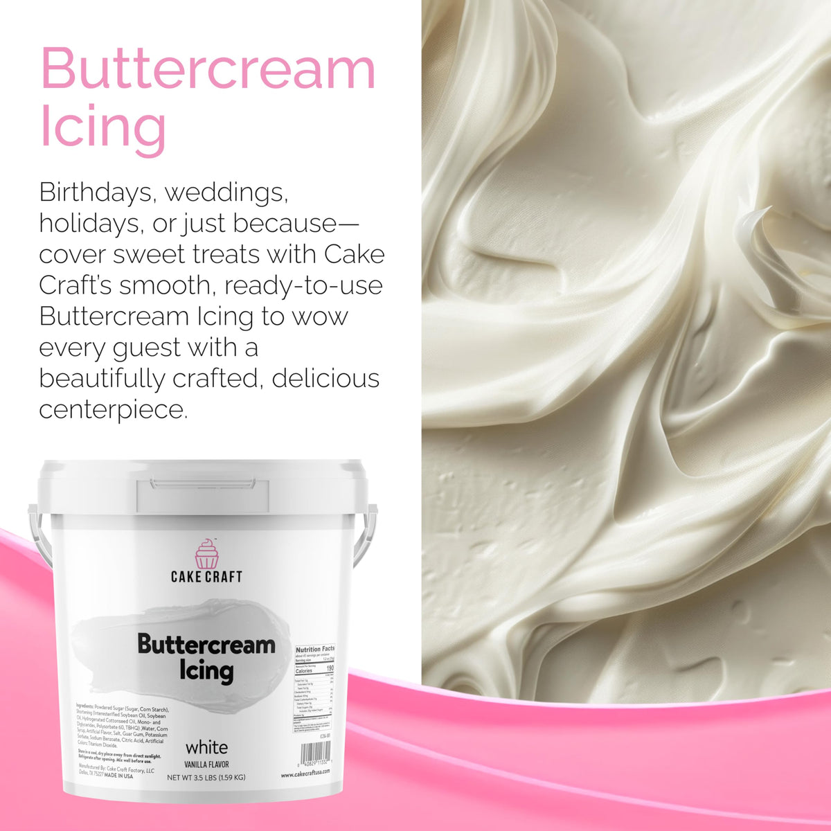 Cake Craft Buttercream Icing – 3.5 lb Tub | Ready-to-Use Vanilla Frosting for Cakes & More