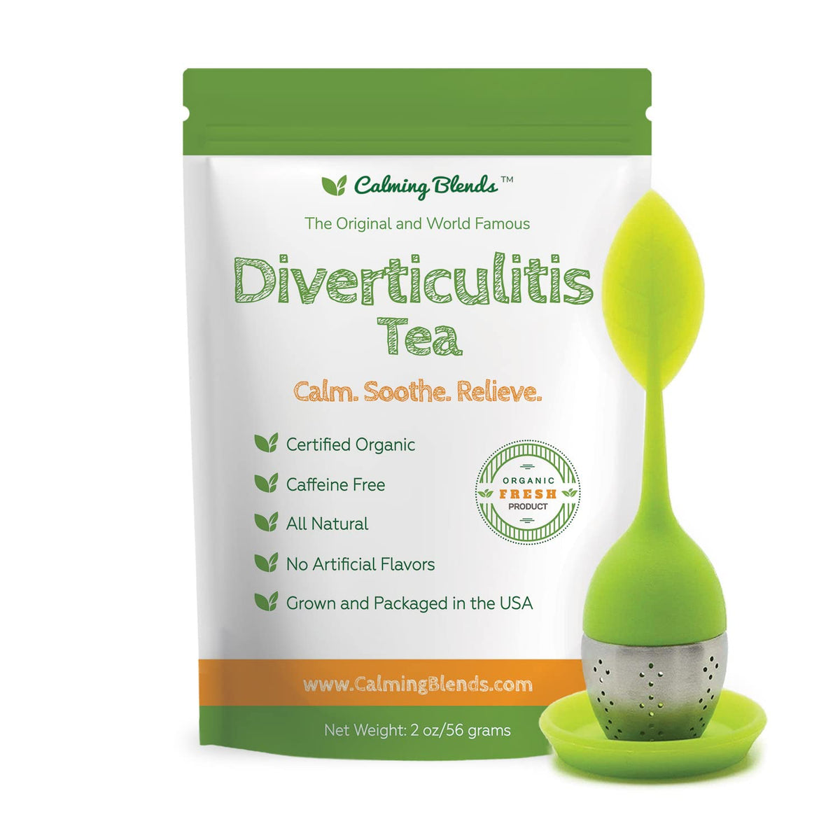 Calming Blends Diverticulitis Tea — Organic, Caffeine Free, Includes Tea Strainer