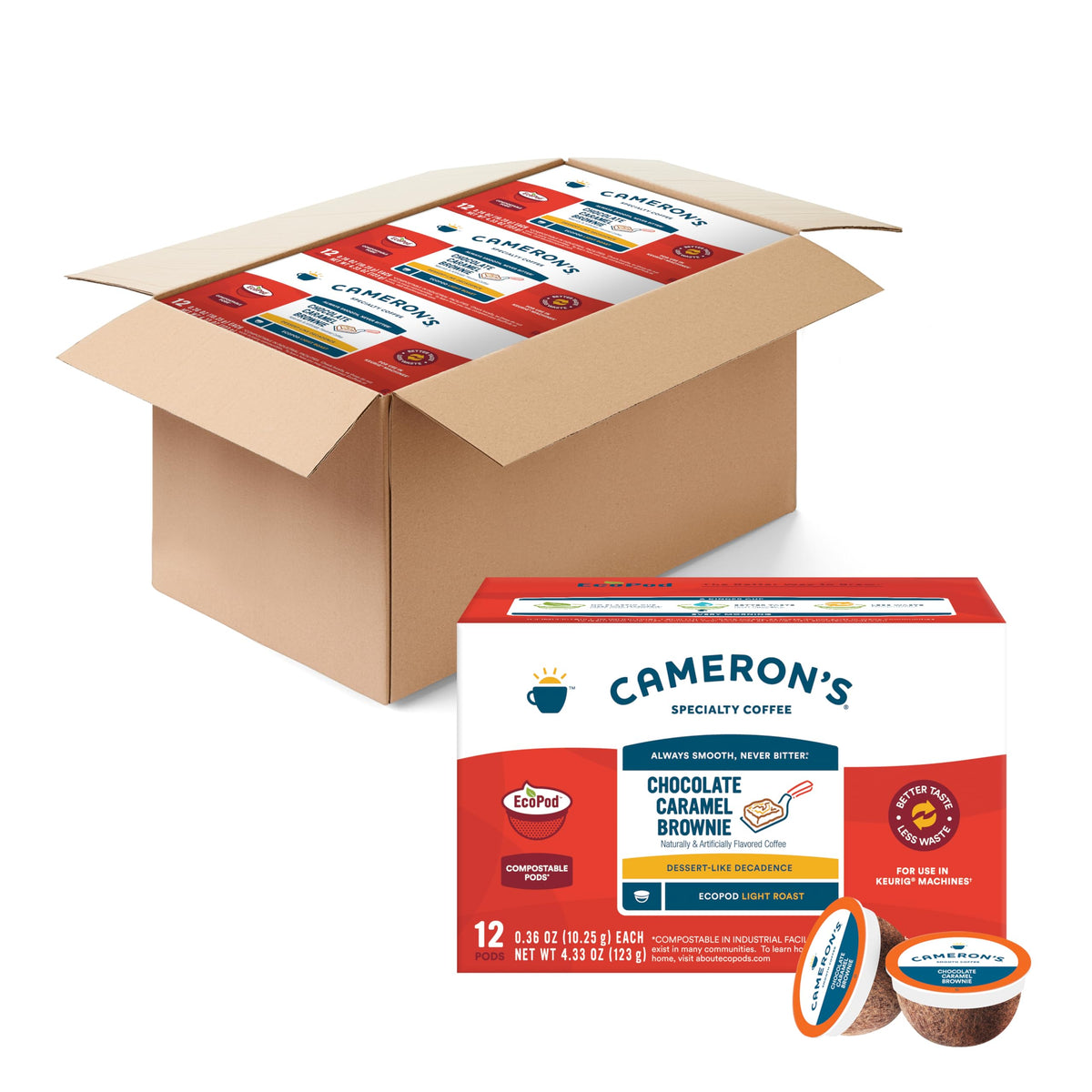 Cameron's Coffee Chocolate Caramel Brownie Pods — 12-Count (Pack of 6) | Flavored Single-Serve