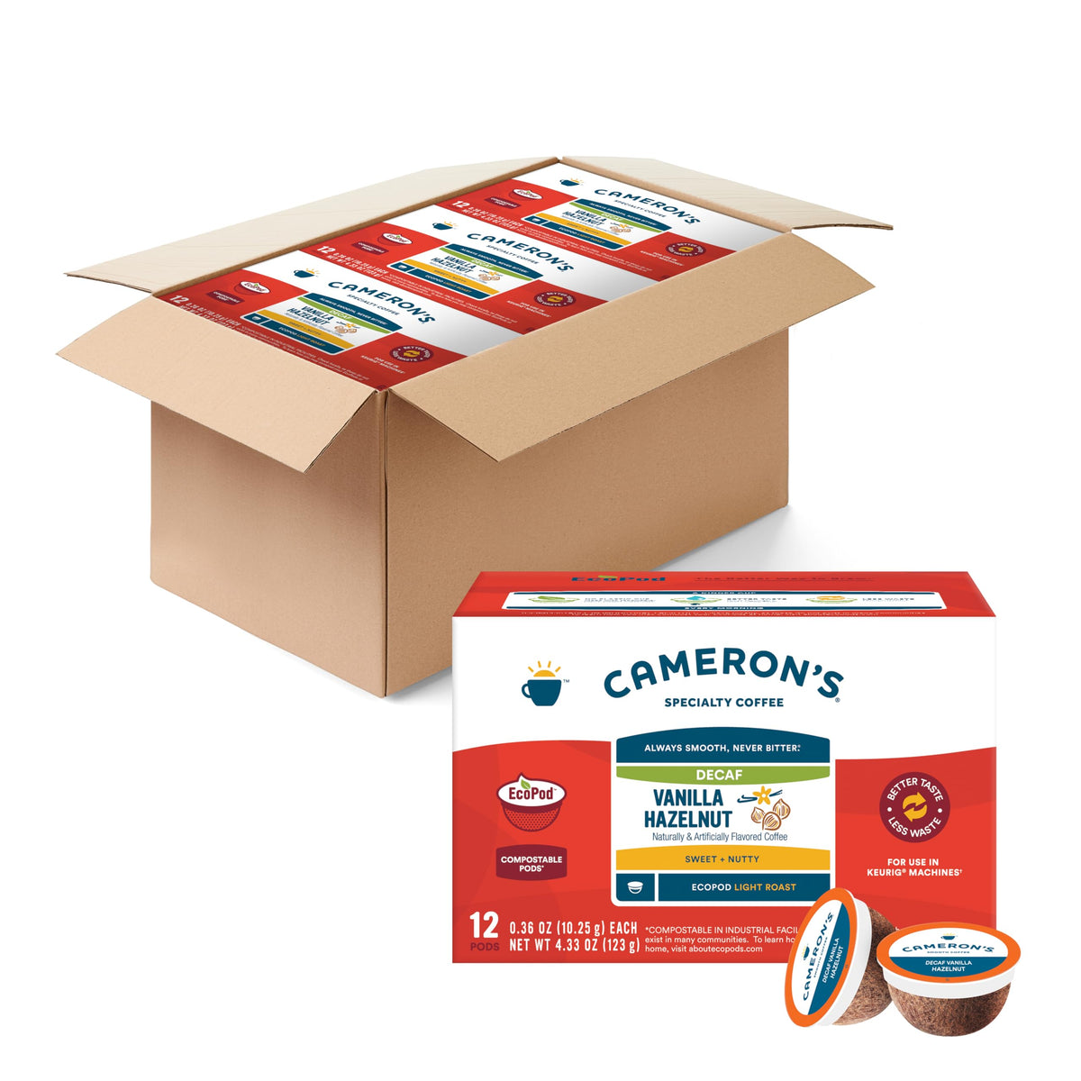 Cameron's Coffee Decaf Vanilla Hazelnut Single Serve Pods — 12 Count (Pack of 6)
