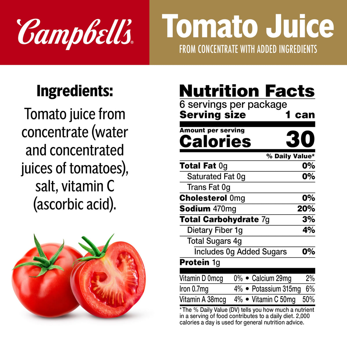 Campbell's 100% Tomato Juice – 5.5 fl oz Can (48 Pack) | Gluten-Free & Non-GMO