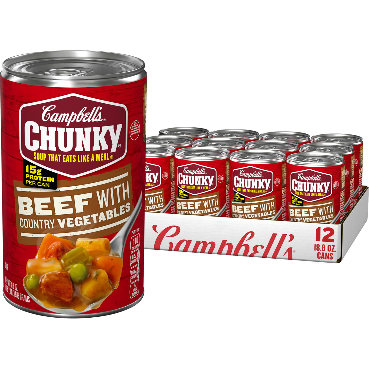 Campbell’s Chunky Beef Soup with Country Vegetables – 18.8 oz Can, 12-Count Pack | Hearty Protein
