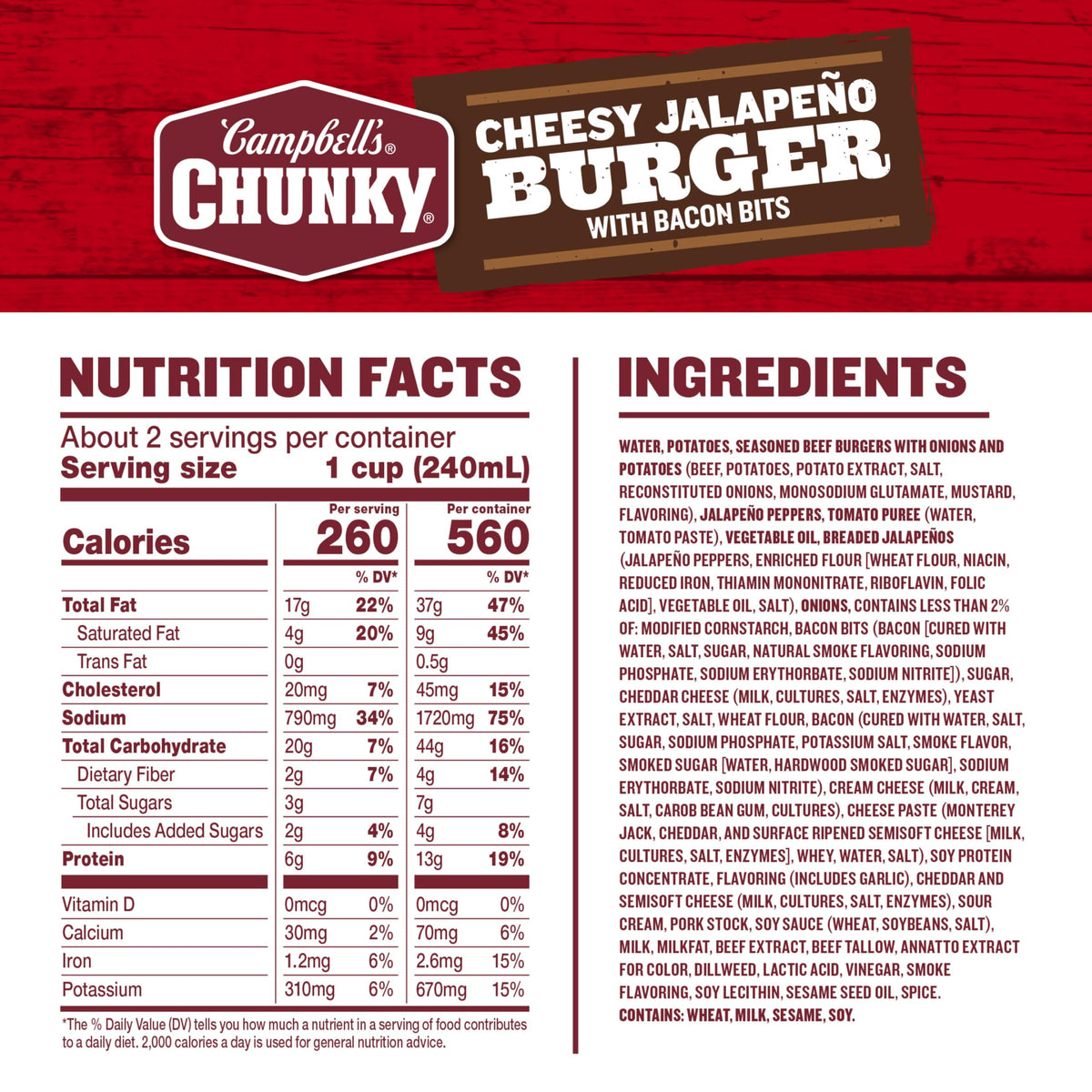 Campbell's Chunky Cheesy Jalapeño Burger with Bacon Bits Soup – 18.8 oz Can (12 Pack)