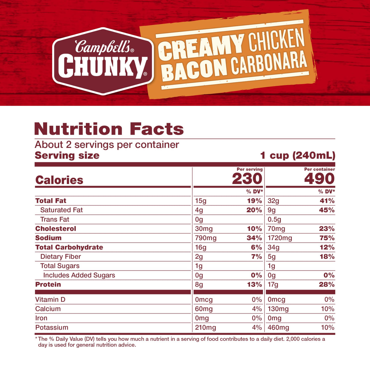 Campbell's Chunky Creamy Chicken Bacon Carbonara Soup, 18.8 oz Can (12 Pack) – Hearty & Protein-Packed
