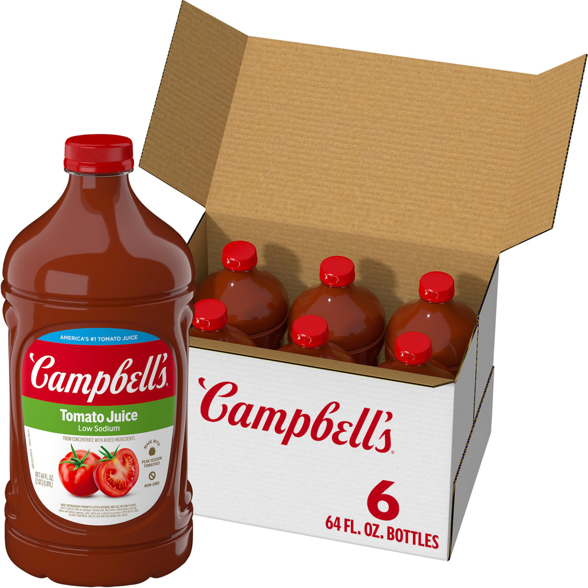 Campbell's Low Sodium 100% Tomato Juice — 64oz Bottle (6 Pack)
