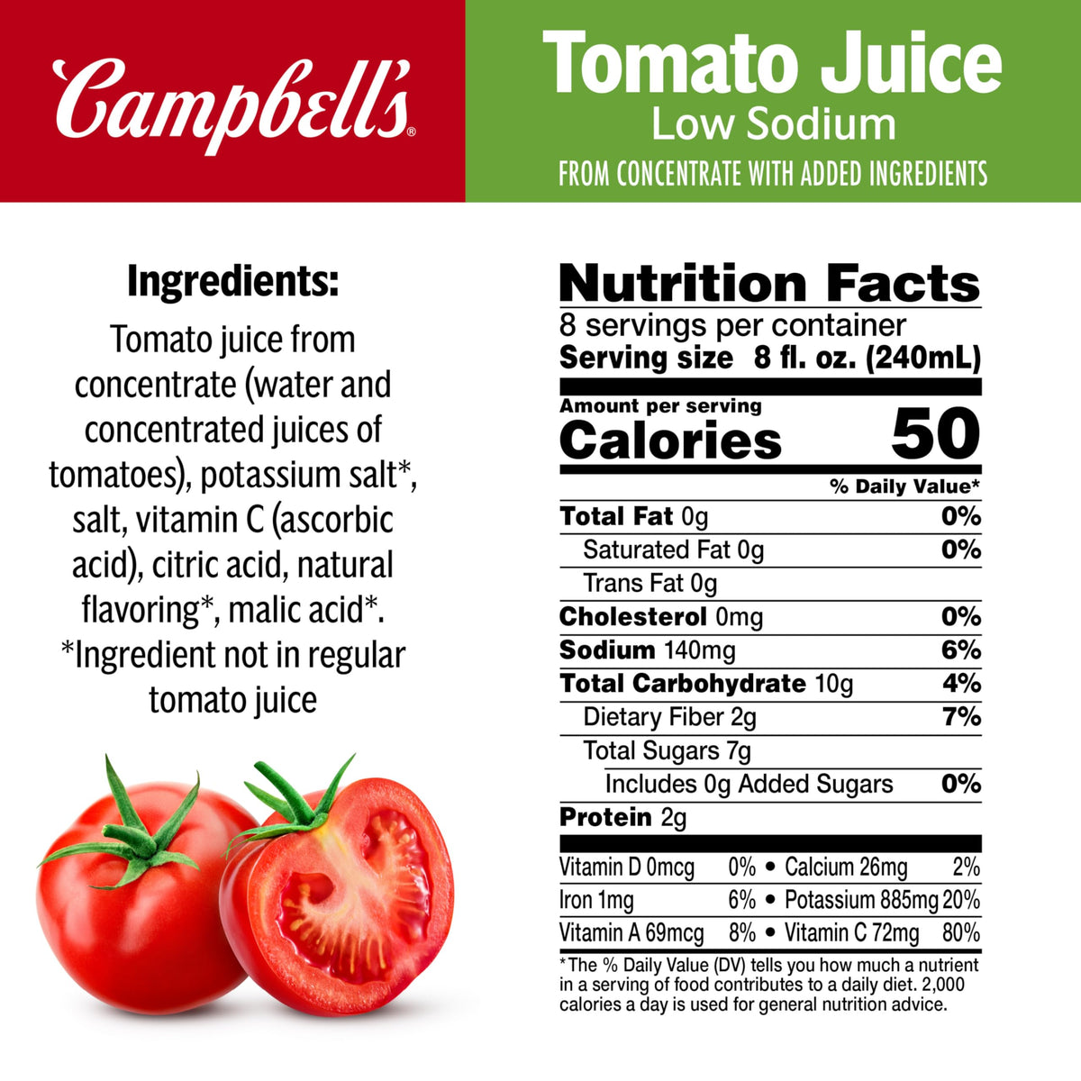 Campbell's Low Sodium 100% Tomato Juice — 64oz Bottle (6 Pack)