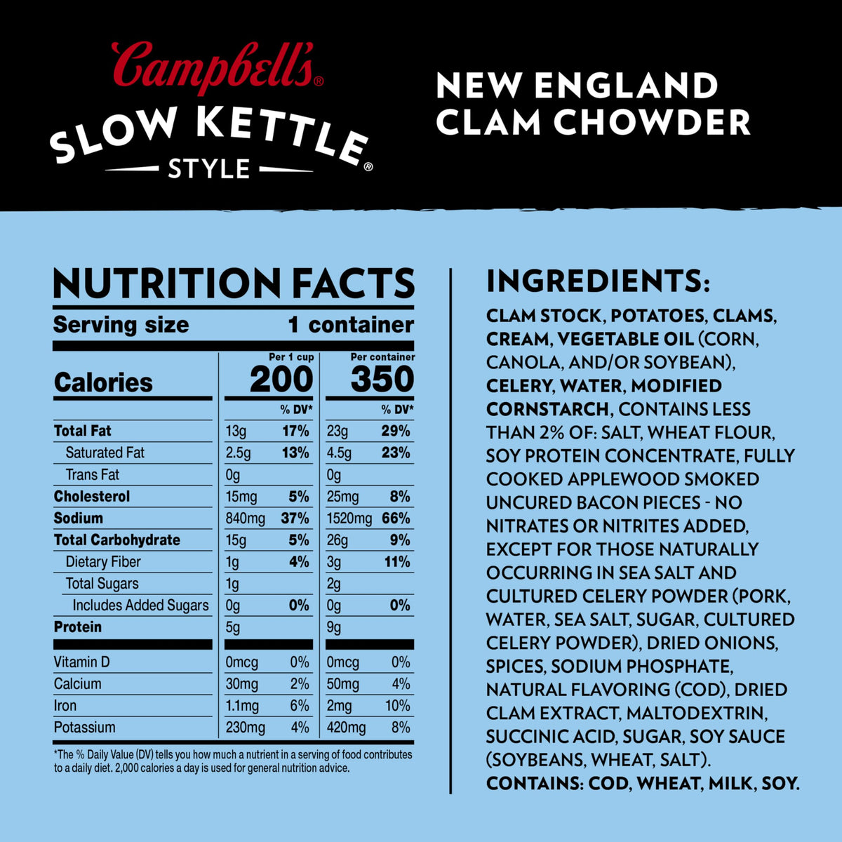 Campbell's Slow Kettle Style New England Clam Chowder - 15.5 oz Tub (8 Pack)