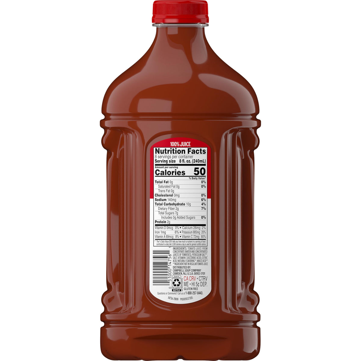 Campbell's Low Sodium 100% Tomato Juice — 64oz Bottle (6 Pack)