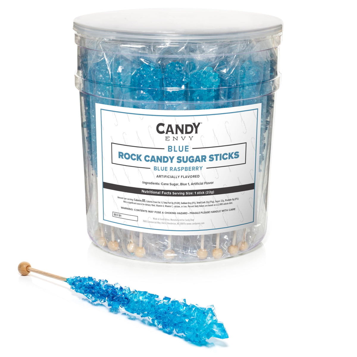 Candy Envy Blue Rock Candy Sugar Sticks – Blue Raspberry Flavor, 36 Individually Wrapped Party Favors