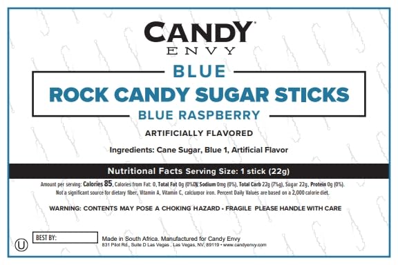 Candy Envy Blue Rock Candy Sugar Sticks – Blue Raspberry Flavor, 36 Individually Wrapped Party Favors