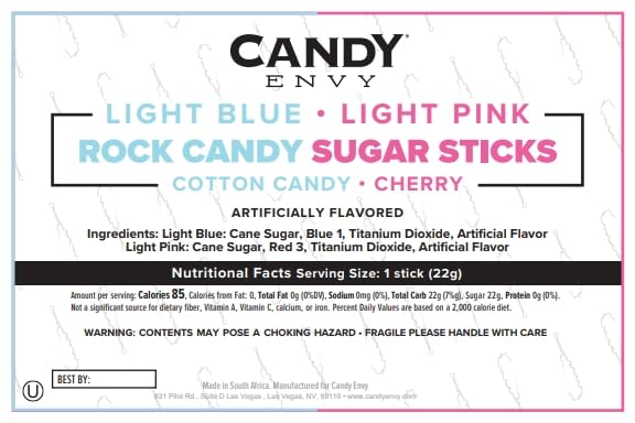 Candy Envy Rock Candy Sticks – Light Blue & Light Pink, 24 Individually Wrapped, Cotton Candy & Cherry Flavors
