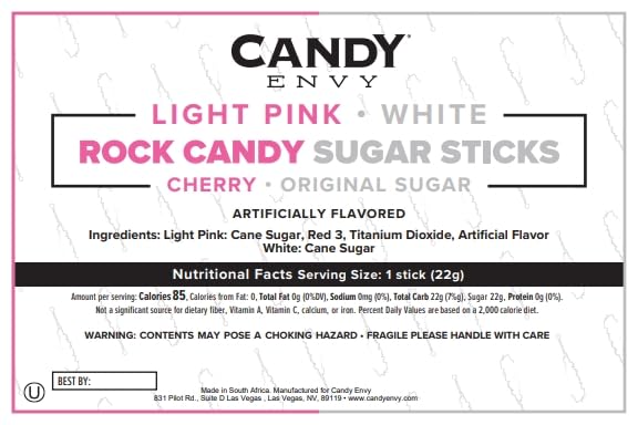 Candy Envy Rock Candy Sticks — Light Pink & White, Cherry & Original Sugar, 36-Pack