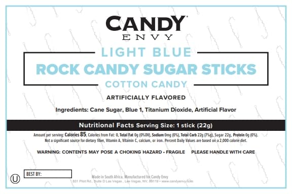 Candy Envy Light Blue Rock Candy Sticks – Cotton Candy Flavor, 36 Individually Wrapped Party Favors
