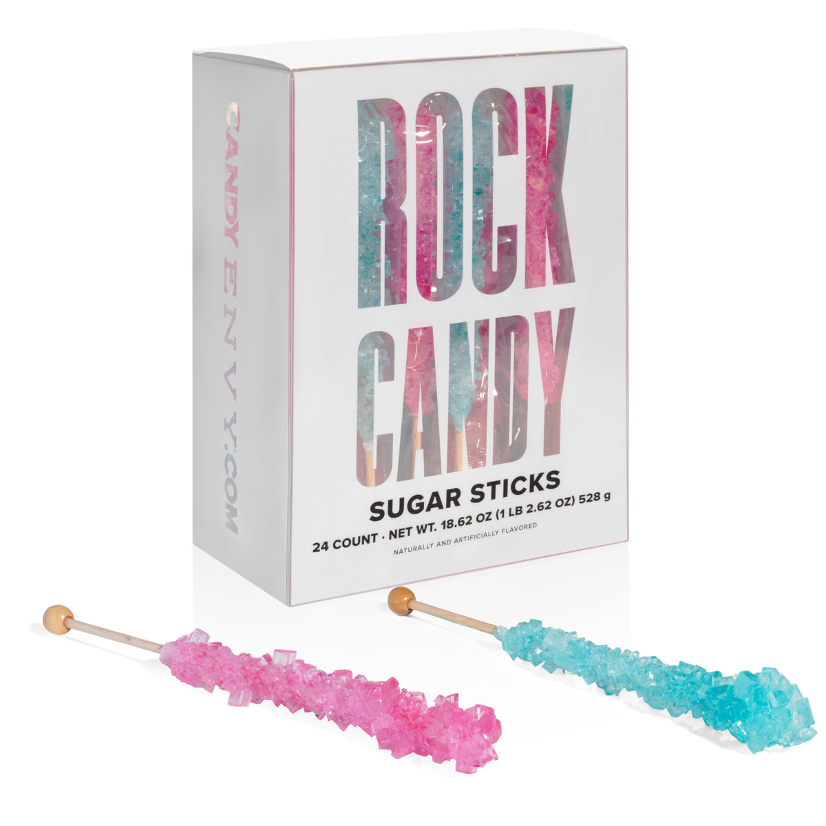 Candy Envy Rock Candy Sticks – Light Blue & Light Pink, 24 Individually Wrapped, Cotton Candy & Cherry Flavors