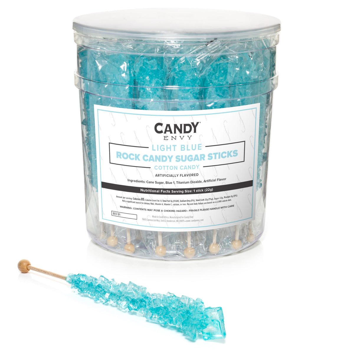 Candy Envy Light Blue Rock Candy Sticks – Cotton Candy Flavor, 36 Individually Wrapped Party Favors