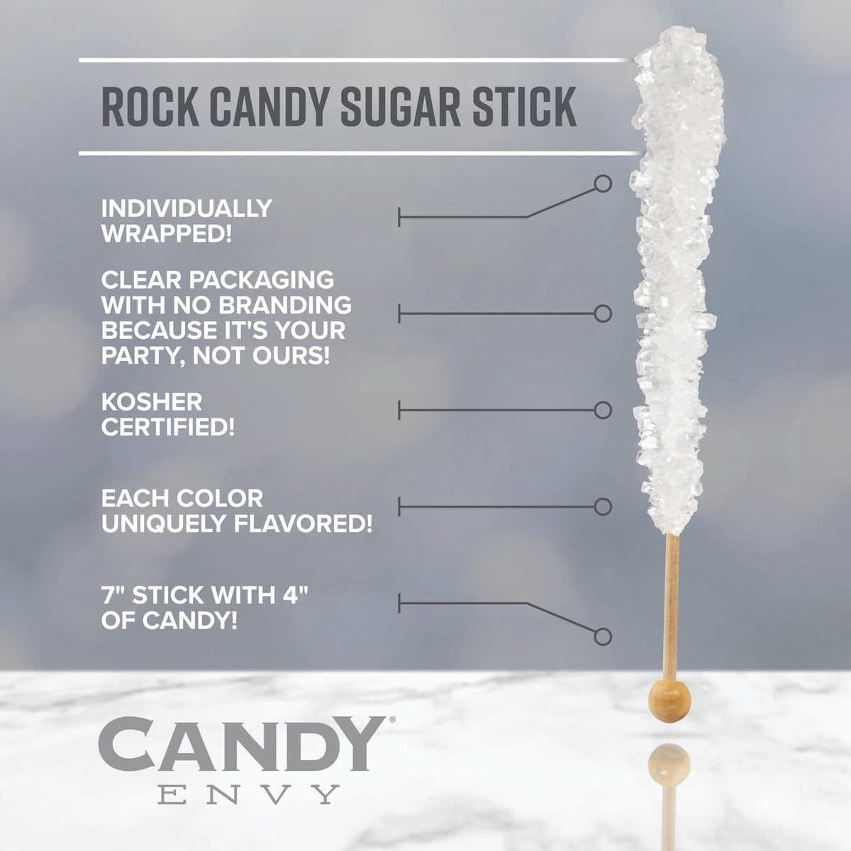 Candy Envy White Rock Candy Sugar Sticks – Original Flavor, 36 Wrapped (7in, 22g each)