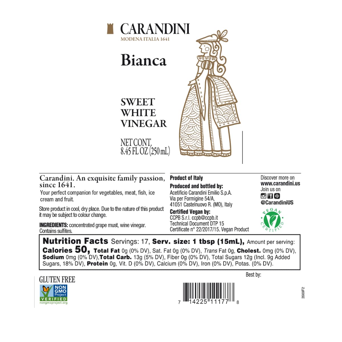 Carandini Bianca Sweet White Vinegar – Italian White Balsamic-Style Vinegar, 2 x 8.45 fl oz