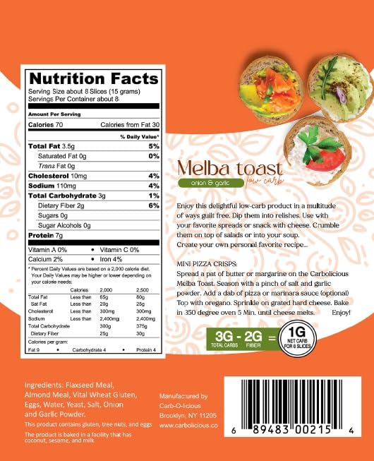 Carb-o-licious Low Carb Melba Toast Onion Garlic (4 Pack) | Keto Snack