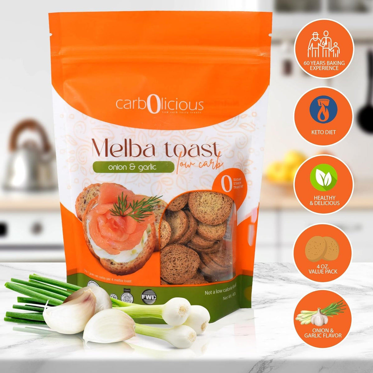 Carb-o-licious Low Carb Melba Toast Onion Garlic (4 Pack) | Keto Snack