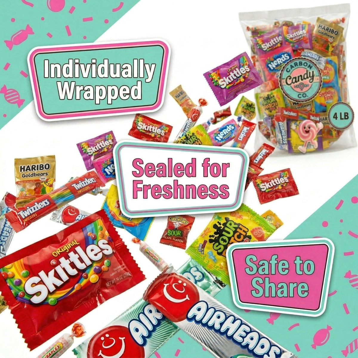 Carbon Candy Co. Bulk Candy Variety Pack — 4 lb, Individually Wrapped Assorted Mix for Parties | Mother's Day