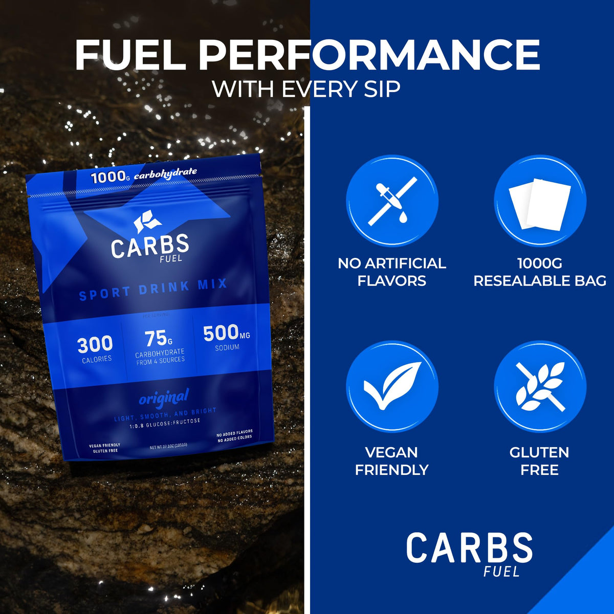 Carbs Fuel Original 1000g Sport Drink Powder – 75g Carbs, 300 Calories, 500mg Sodium per Serving