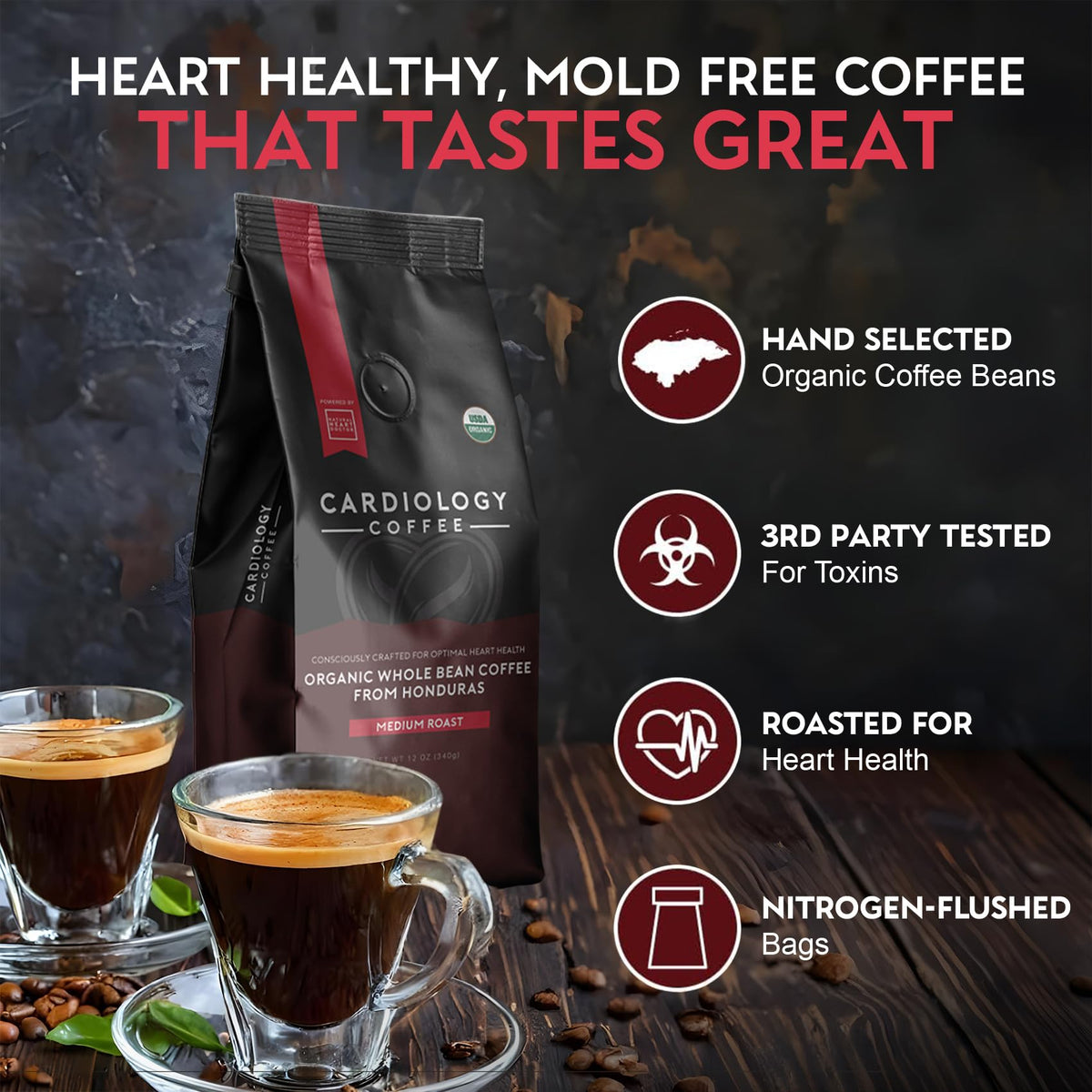 Cardiology Coffee – Whole Bean, USDA Organic, Mold-Free 12oz Medium Roast with Antioxidants for a Heart-Healthy Lifestyle