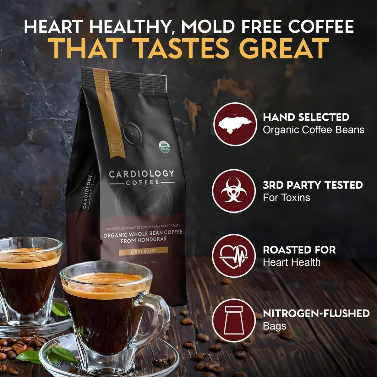Cardiology Coffee – USDA Organic Mold-Free 12oz Whole Bean Light Roast