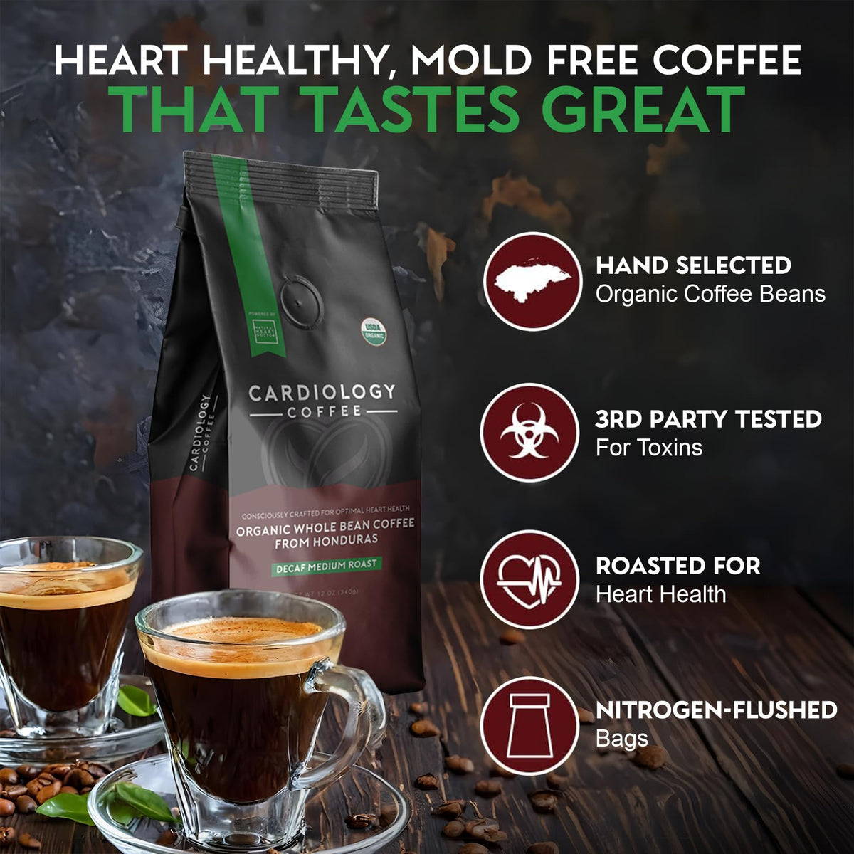 Cardiology Coffee Decaf Beans – USDA Organic, Mold-Free, 12oz Whole Beans | Swiss Water