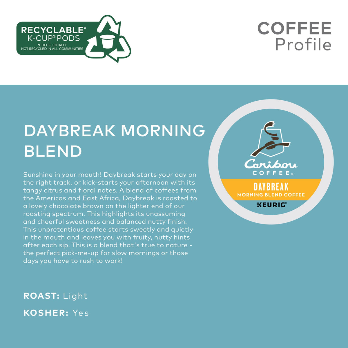 Caribou Coffee Daybreak Morning Blend K-Cup Pods – Light Roast, 96 Count (4 Boxes of 24)