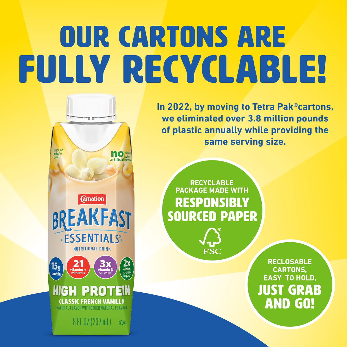 Carnation Breakfast Essentials High Protein Ready-to-Drink, Classic French Vanilla, 8 FL OZ Carton (Pack of 24)