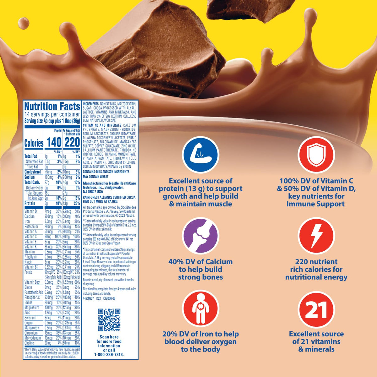 Carnation Breakfast Essentials Rich Milk Chocolate Powder Drink Mix – 17.7 oz, Pack of 6