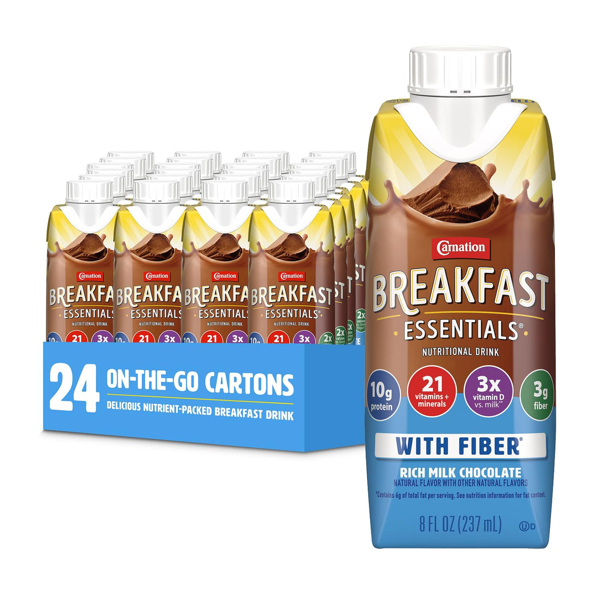 Carnation Breakfast Essentials Ready to Drink with Fiber – Rich Milk Chocolate, 8 fl oz Carton (Pack of 24)