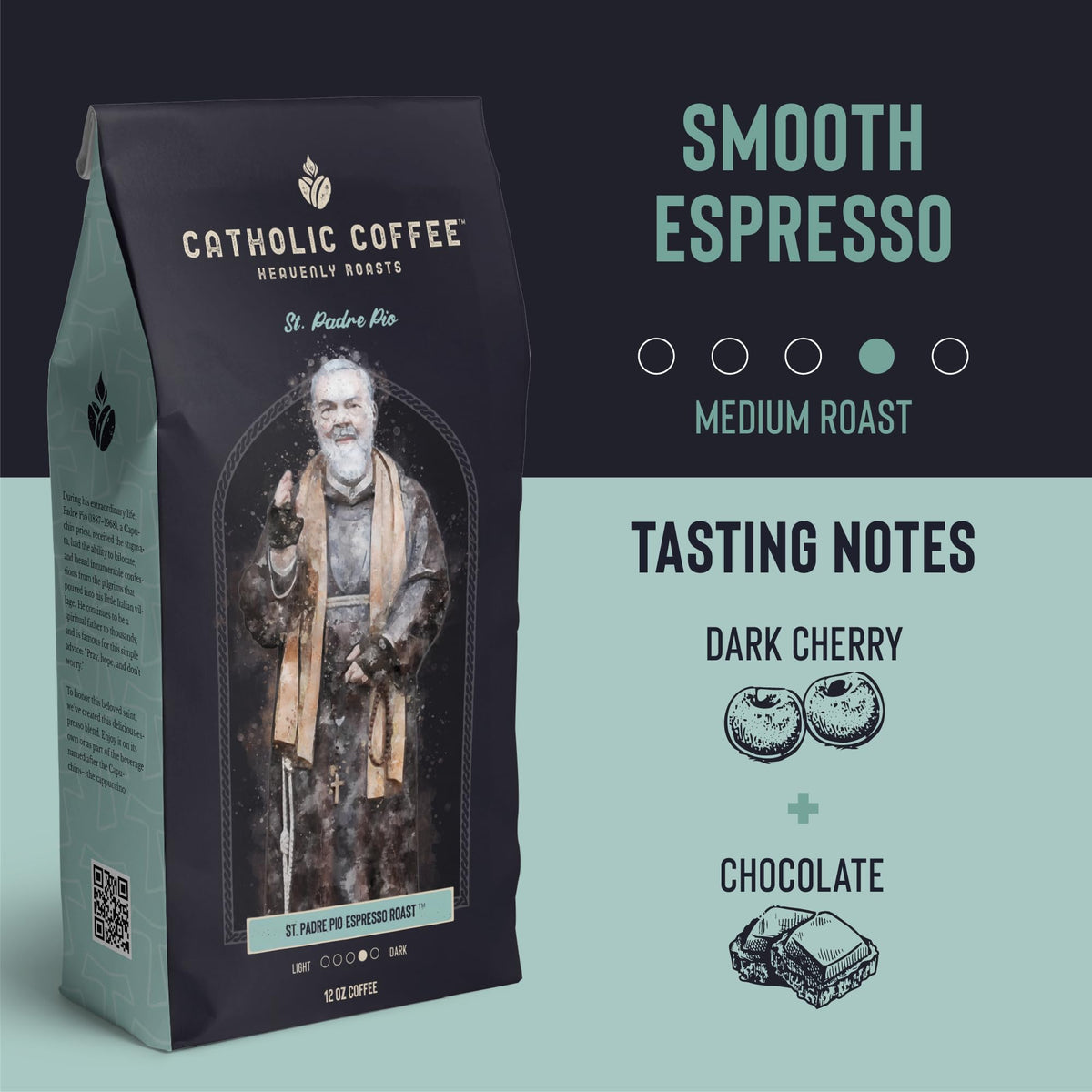 Catholic Coffee Padre Pio – Medium-Dark Roast Ground Coffee, Dark Cherry & Chocolate, 12oz
