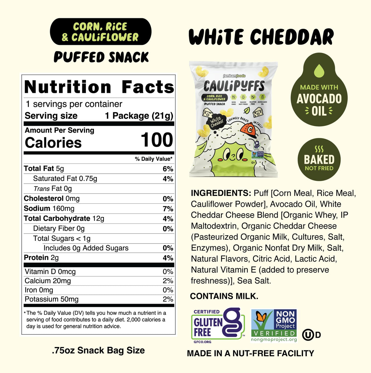 CauliPuffs White Cheddar Gluten Free Puffed Snack — 15 Pack (0.75 oz Bags) | Caulipuffs