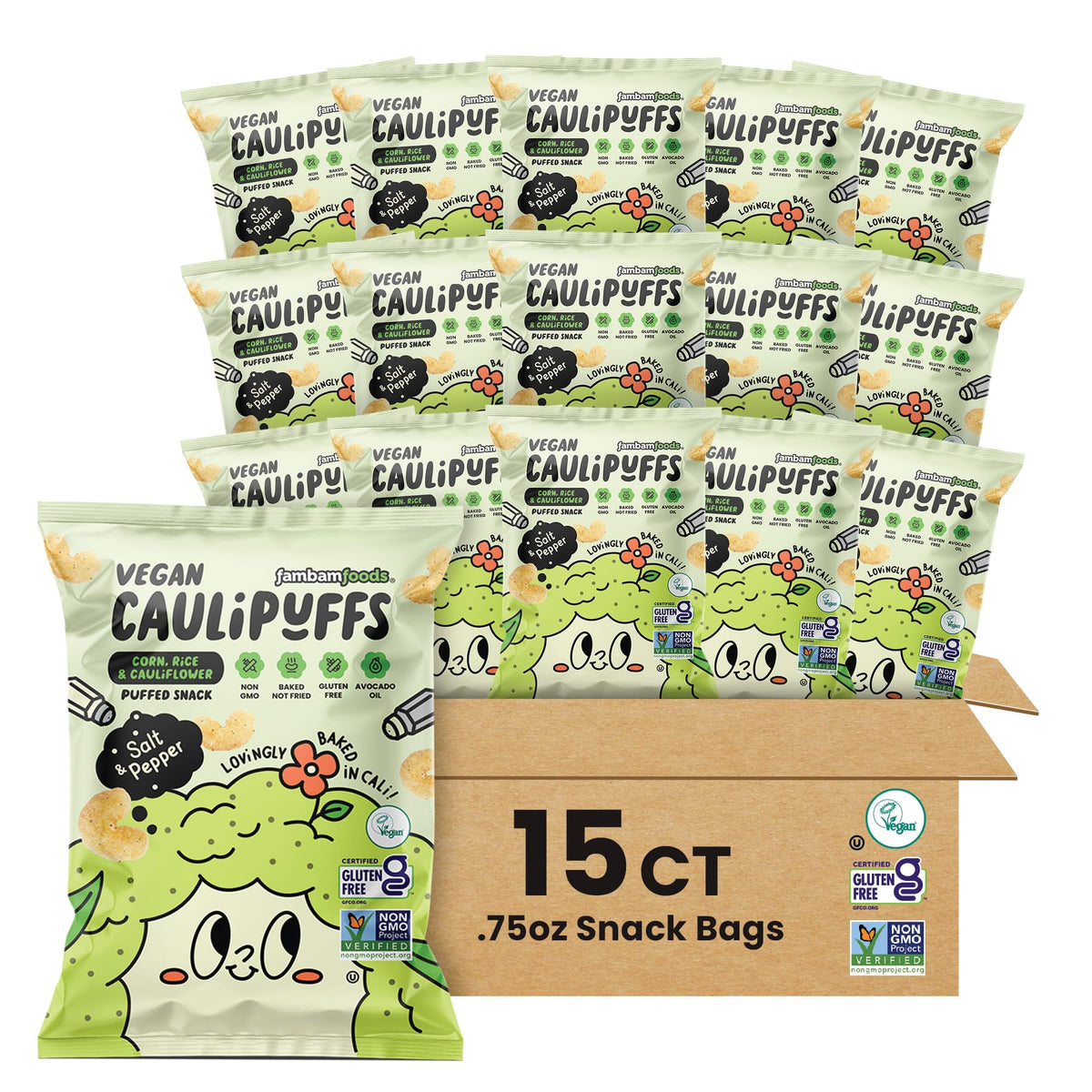 CauliPuffs Gluten Free Puffed Snack – Vegan Salt & Pepper, 15 x 0.75oz Bags | Caulipuffs
