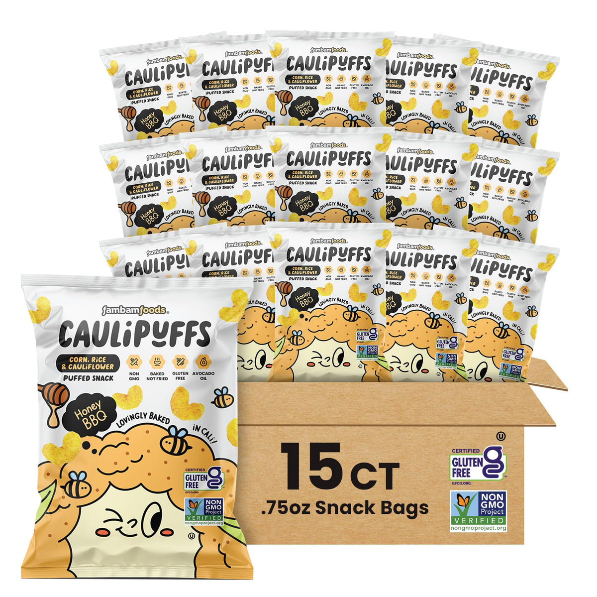 Caulipuffs Honey BBQ – Gluten Free Puffed Snack (15 x 0.75oz Bags)