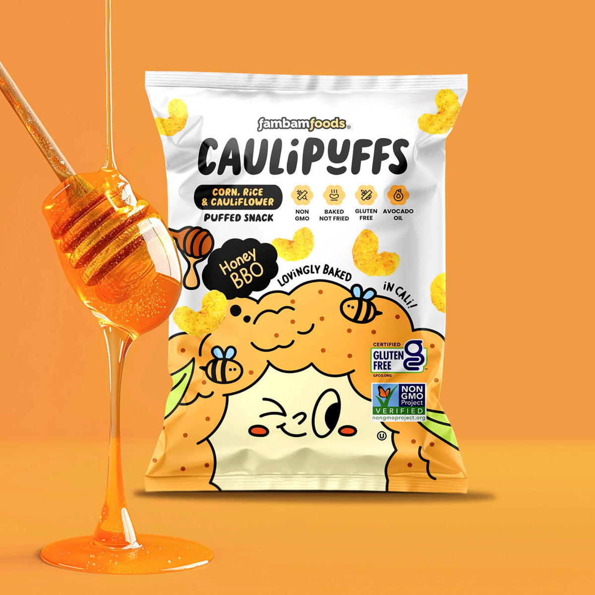 Caulipuffs Honey BBQ – Gluten Free Puffed Snack (15 x 0.75oz Bags)