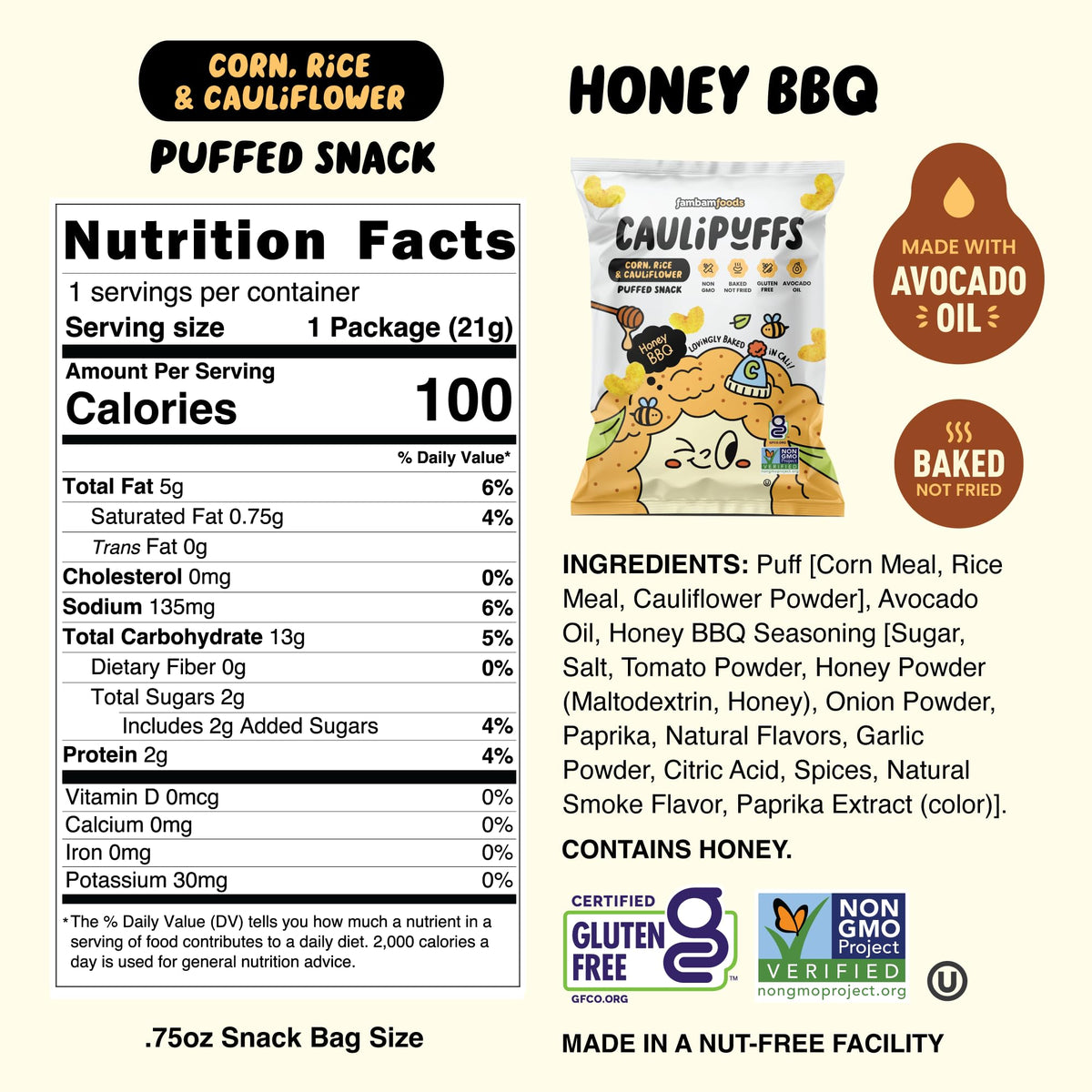 Caulipuffs Honey BBQ – Gluten Free Puffed Snack (15 x 0.75oz Bags)