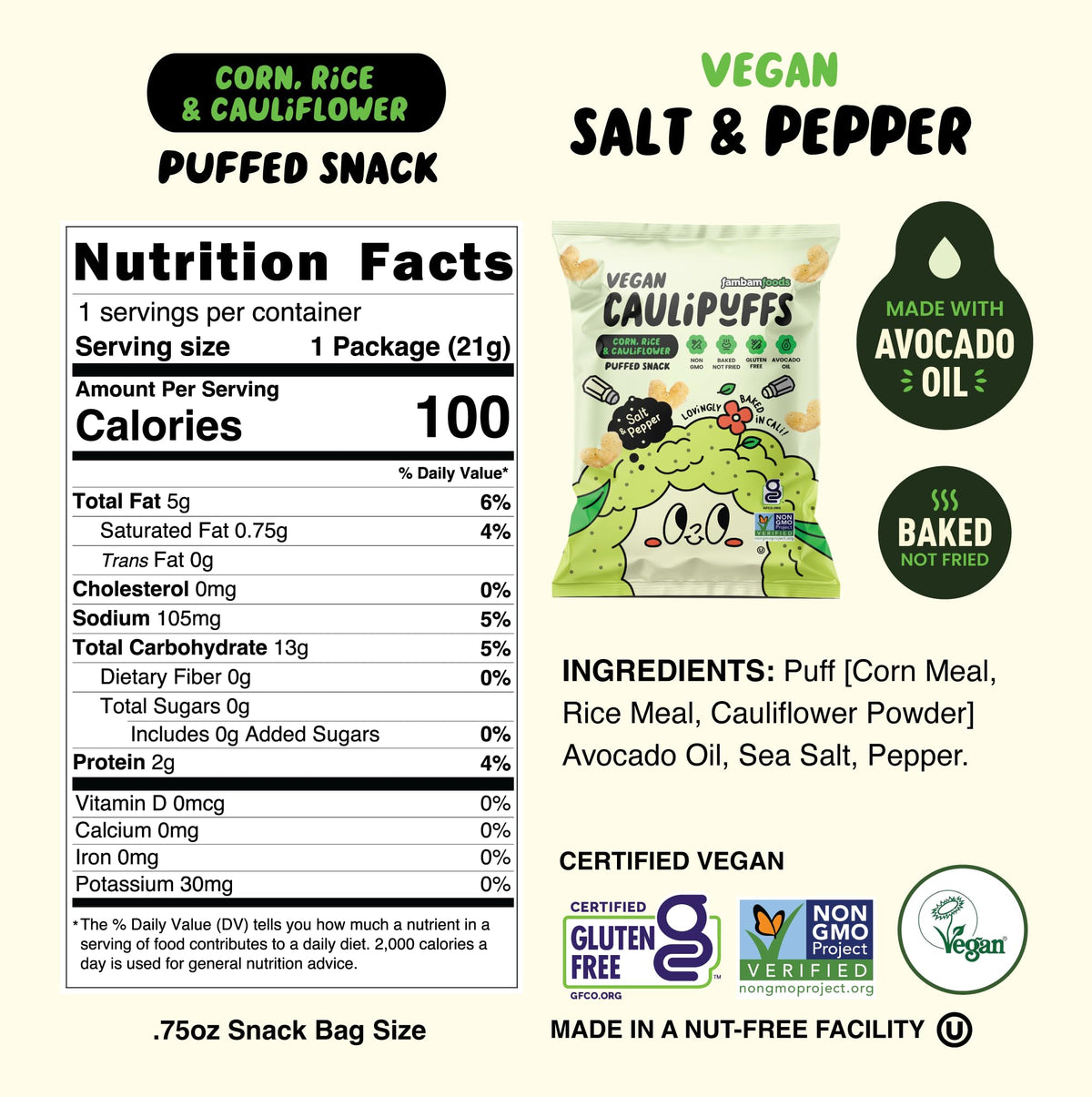 CauliPuffs Gluten Free Puffed Snack – Vegan Salt & Pepper, 15 x 0.75oz Bags | Caulipuffs