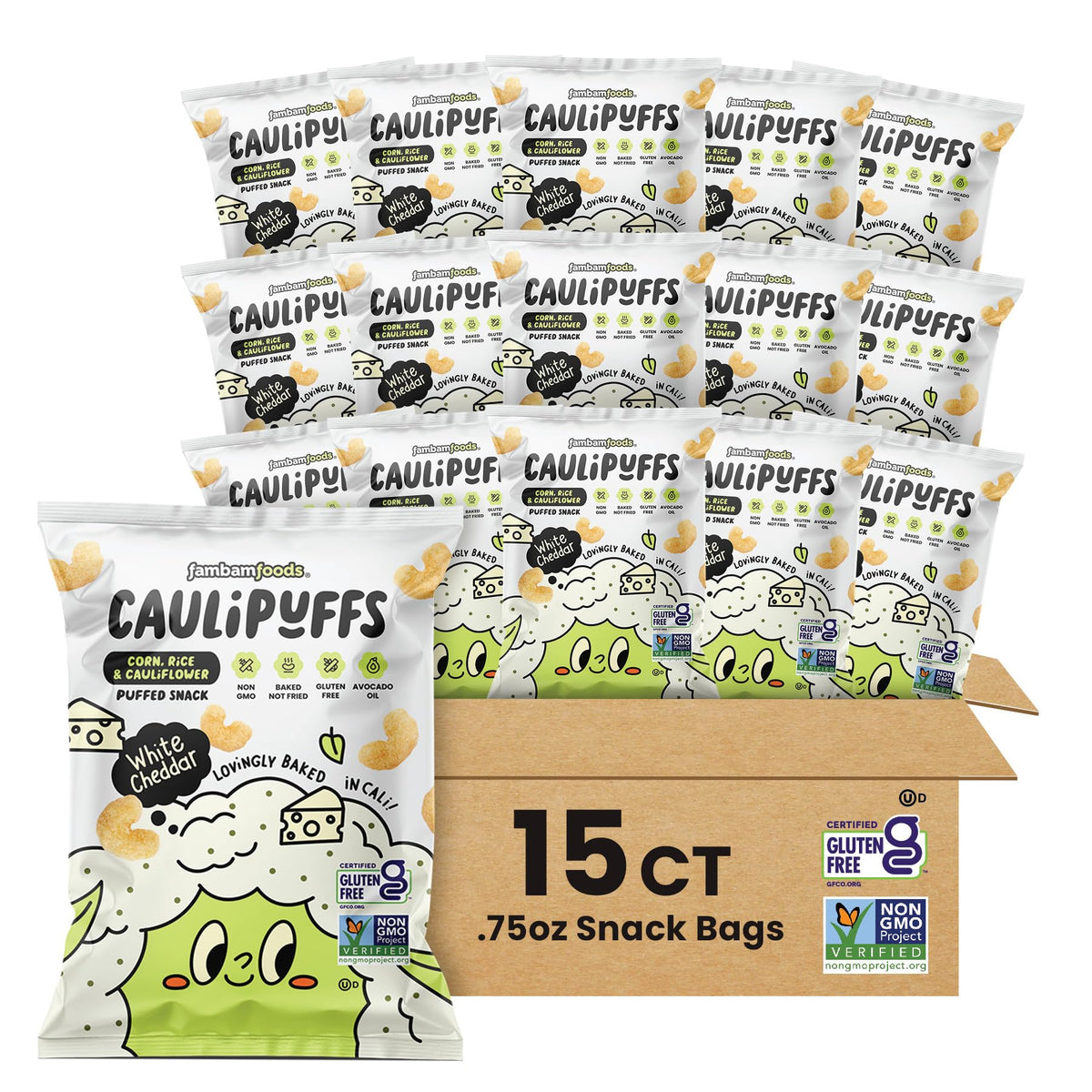 CauliPuffs White Cheddar Gluten Free Puffed Snack — 15 Pack (0.75 oz Bags) | Caulipuffs